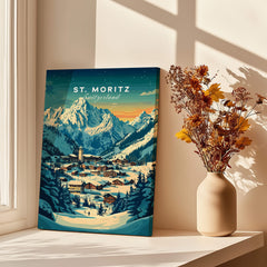 St Moritz Ski Poster - Switzerland featuring a picturesque winter landscape with mountains and a charming village.