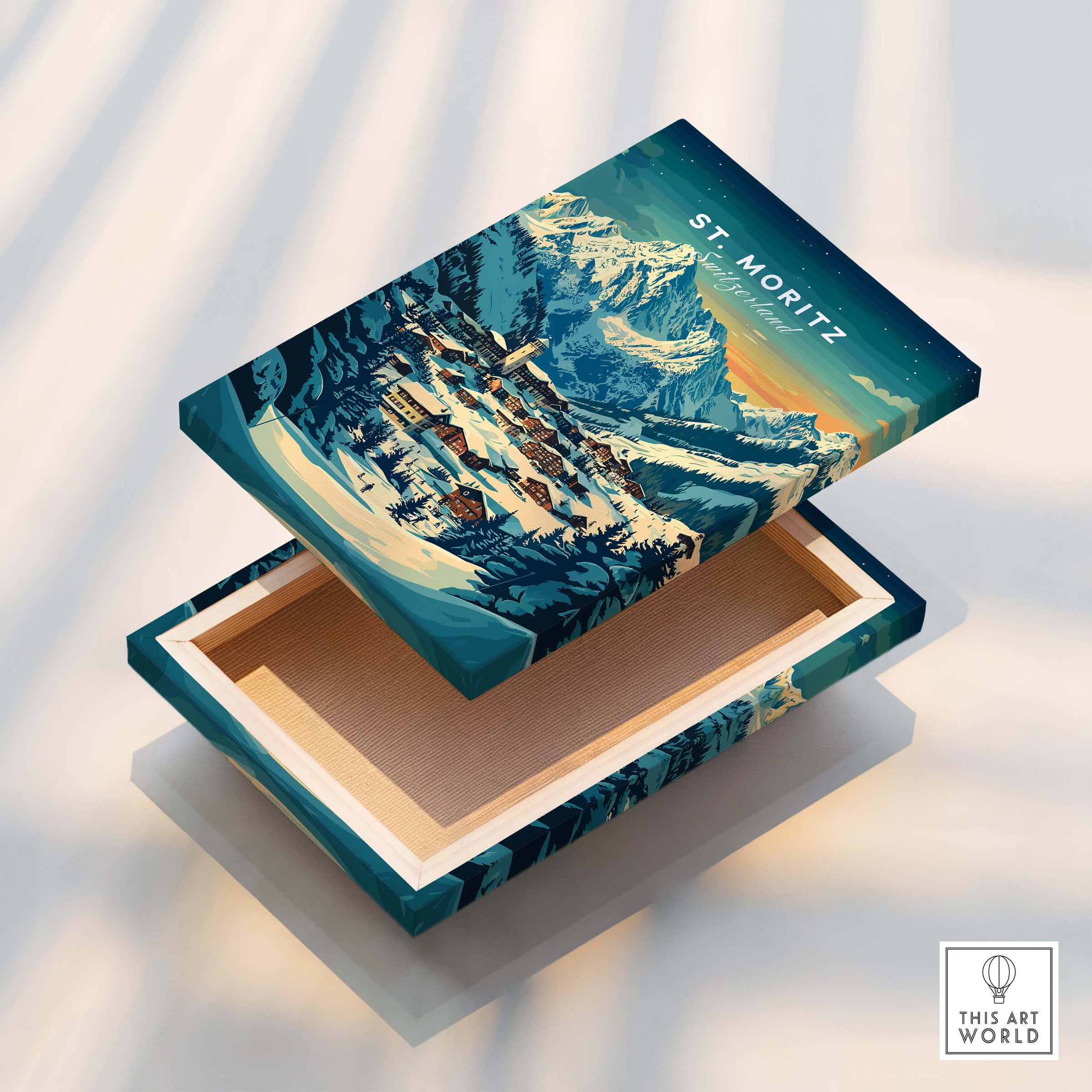 St Moritz Ski Poster - Switzerland displayed on a wooden box revealing beautiful ski art with snowy mountains.