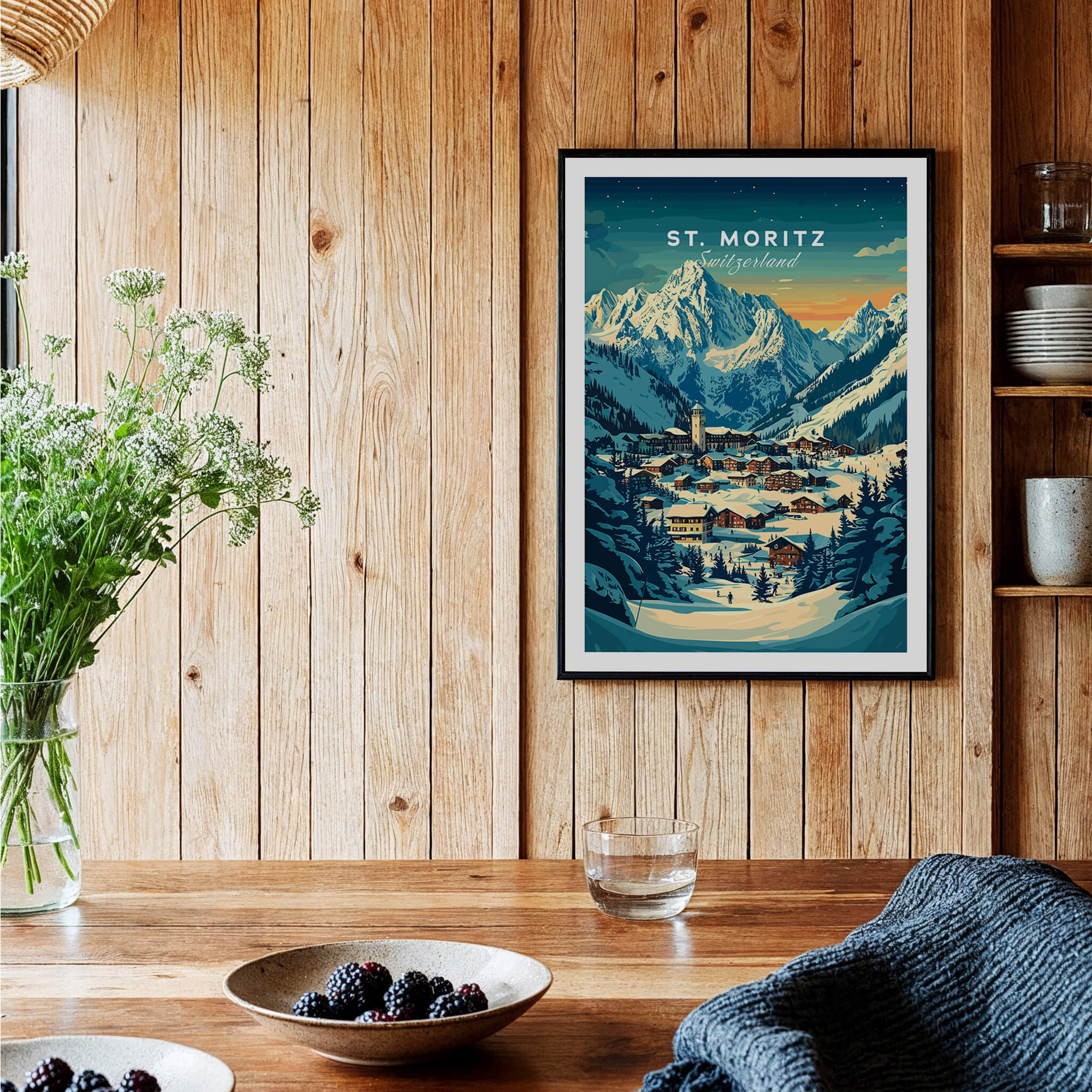 St Moritz Ski Poster - Switzerland displayed in a cozy interior with wooden accents and a beautiful mountain view.