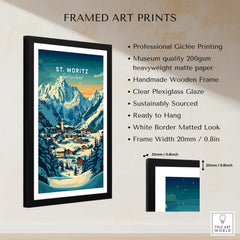 St Moritz Ski Poster - Switzerland framed art print featuring mountains and ski resort, perfect for wall decor.