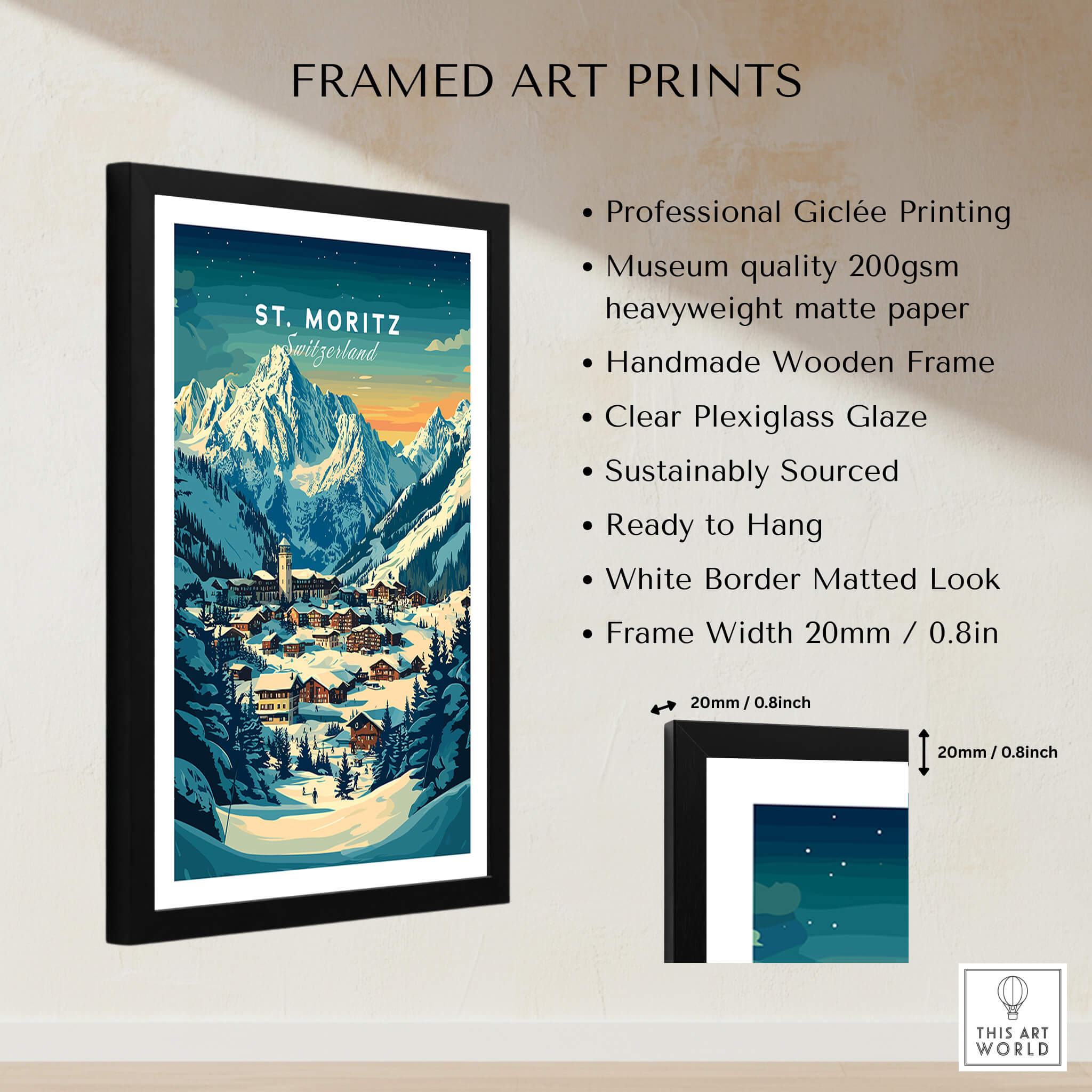 St Moritz Ski Poster - Switzerland framed art print featuring mountains and ski resort, perfect for wall decor.