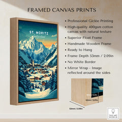 St Moritz Ski Poster - Switzerland framed canvas print showcasing snowy mountains and ski resort details.