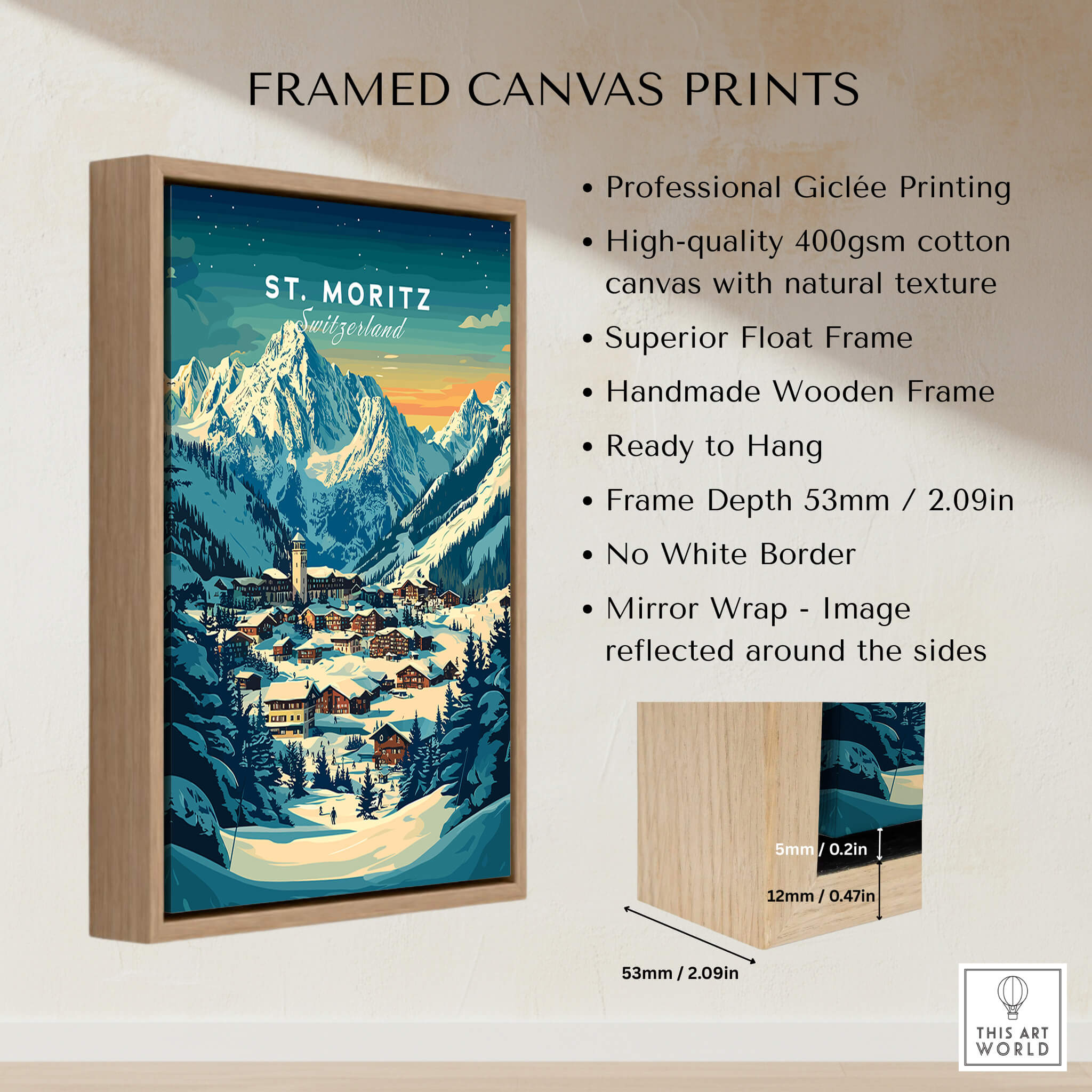 St Moritz Ski Poster - Switzerland framed canvas print showcasing snowy mountains and ski resort details.