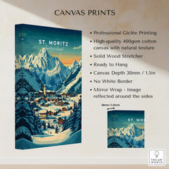 St Moritz Ski Poster - Switzerland showcasing professional Giclée printing on canvas with mountain scenery and village.