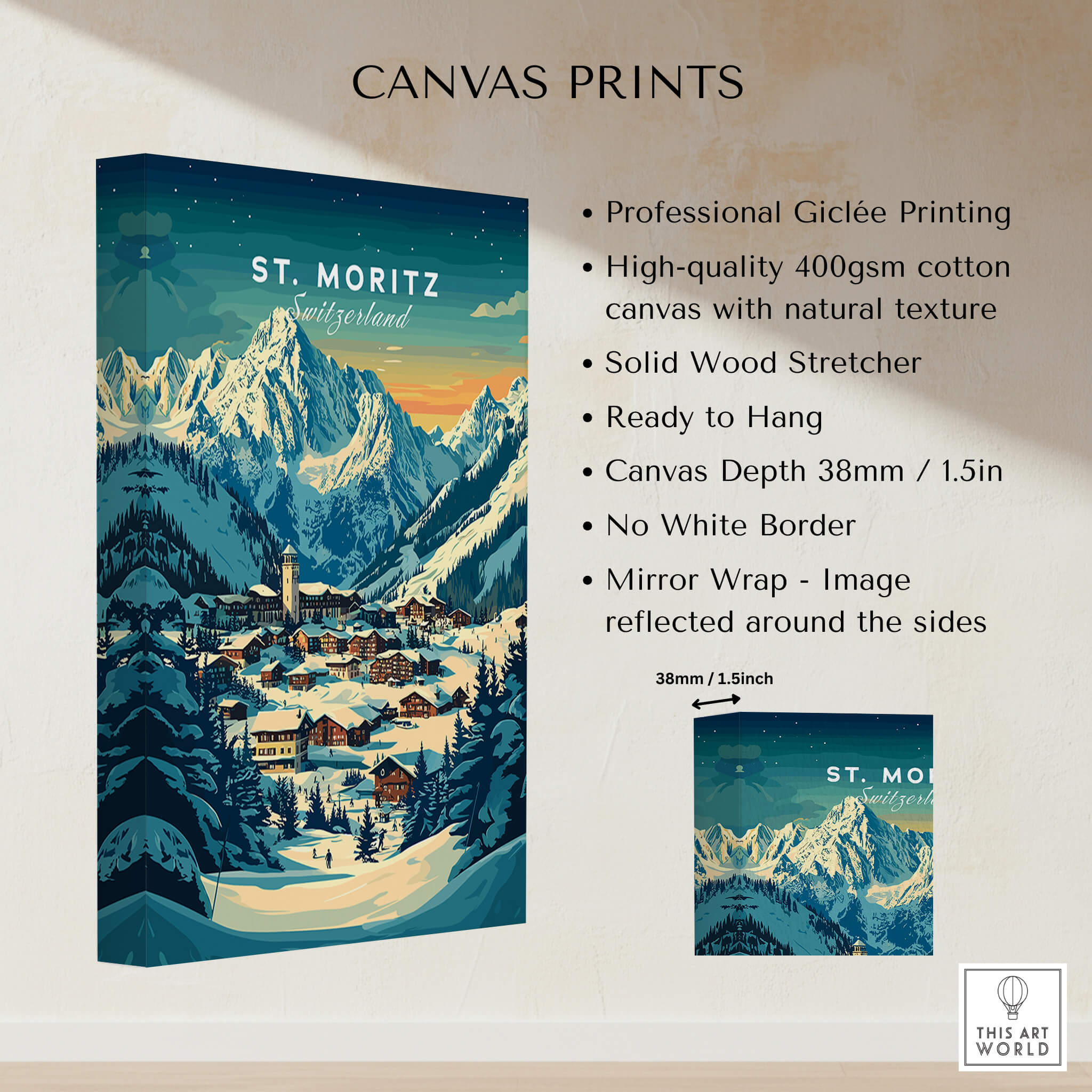St Moritz Ski Poster - Switzerland showcasing professional Giclée printing on canvas with mountain scenery and village.