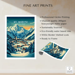St Moritz Ski Poster - Switzerland showcasing professional Giclée printing and stunning ski resort imagery.