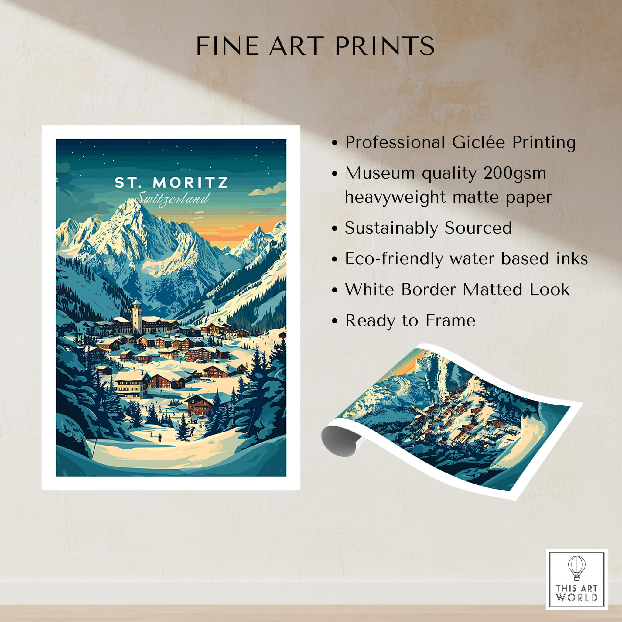 St Moritz Ski Poster - Switzerland showcasing professional Giclée printing and stunning ski resort imagery.