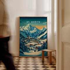 St Moritz Ski Poster - Switzerland showcased in a stylish interior setting with beautiful mountain scenery.