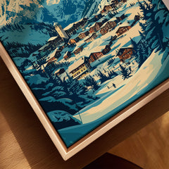 St Moritz Ski Poster - Switzerland showcasing a picturesque snowy landscape and charming chalets.