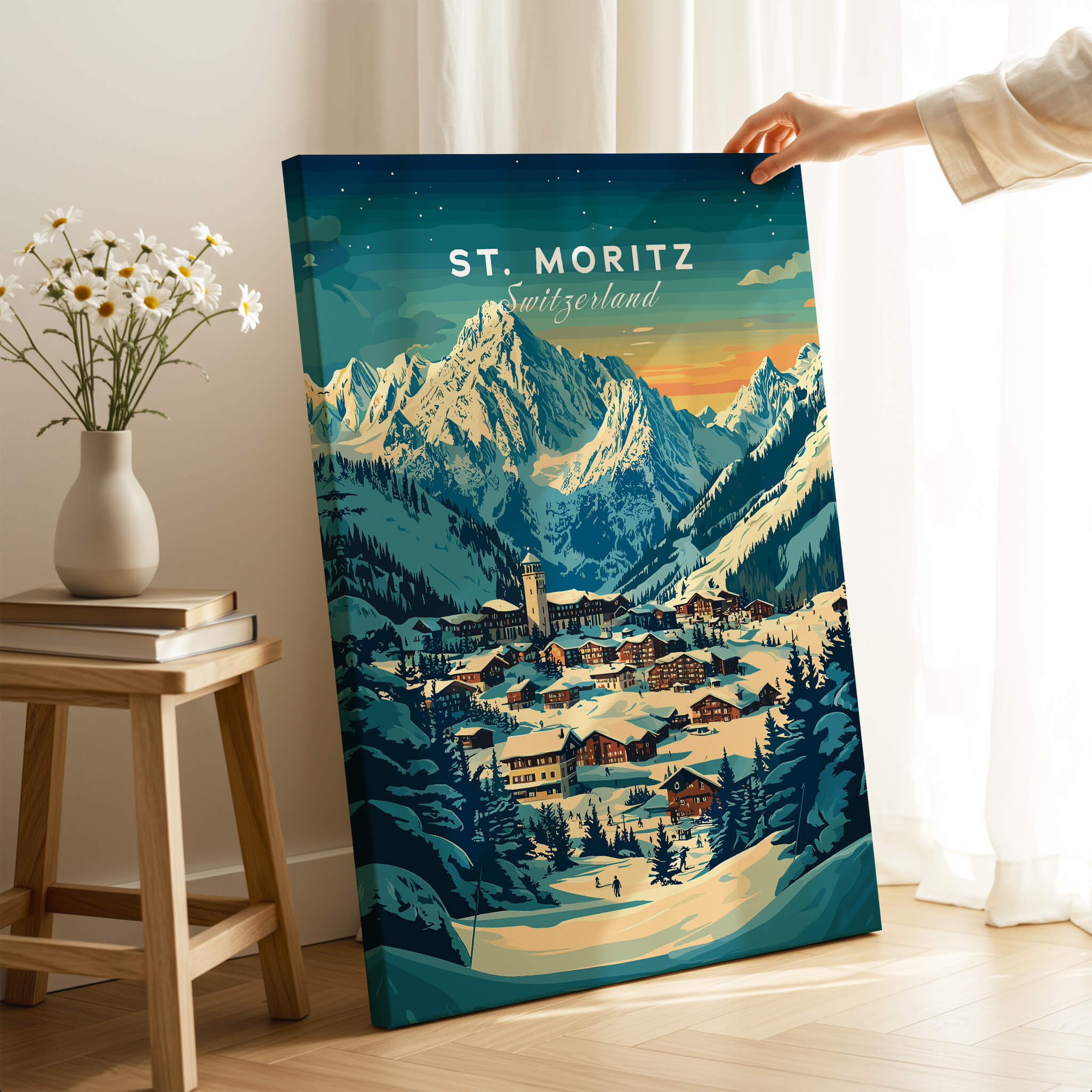 St Moritz Ski Poster - Switzerland showcasing a beautiful ski resort with mountains and a sunset.