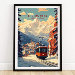 St Moritz Print Switzerland showcasing a vintage ski train scene in the Swiss Alps with stunning mountain views.