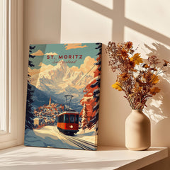 St Moritz Print Switzerland featuring a vibrant cable car amidst the Swiss Alps and charming village scenery.