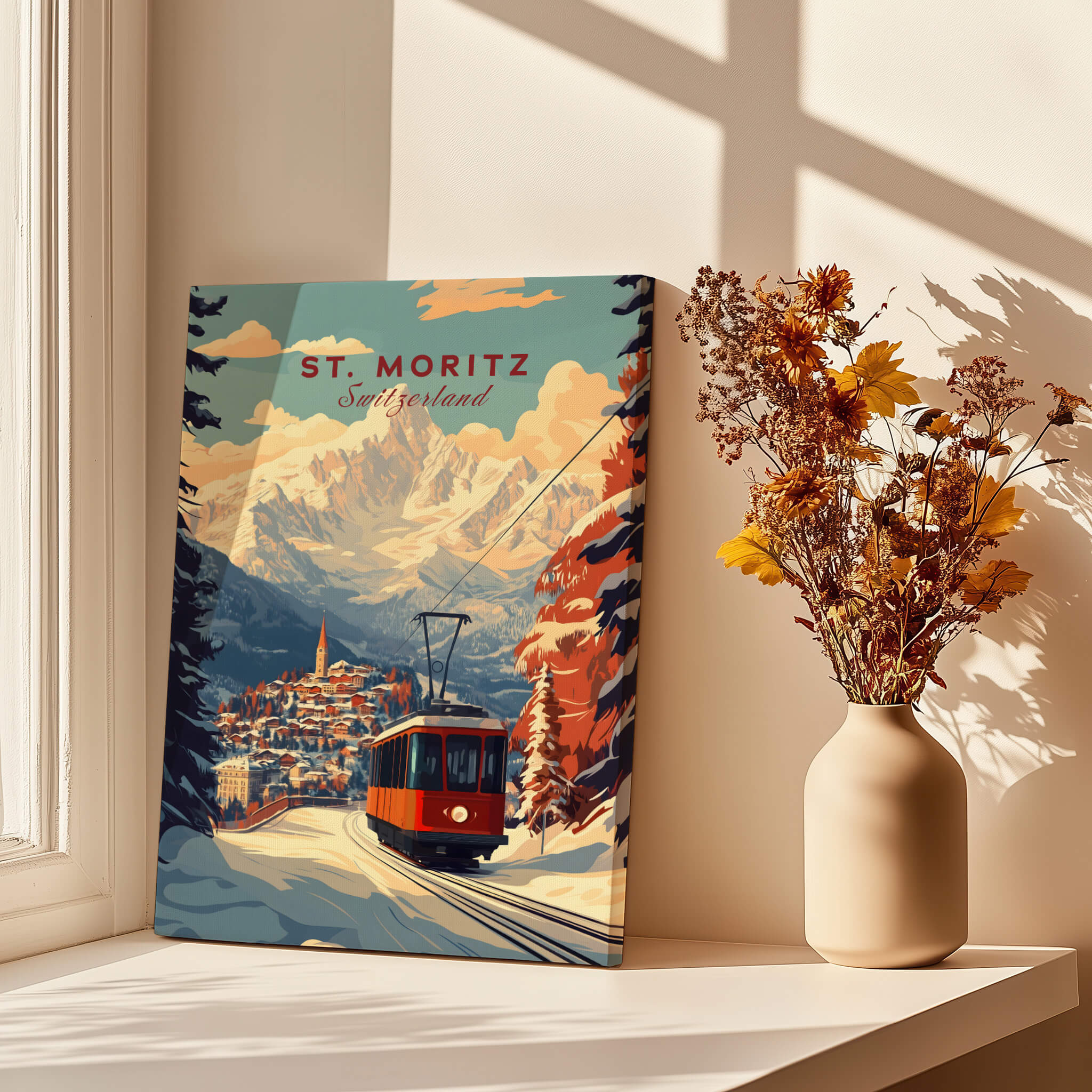 St Moritz Print Switzerland featuring a vibrant cable car amidst the Swiss Alps and charming village scenery.