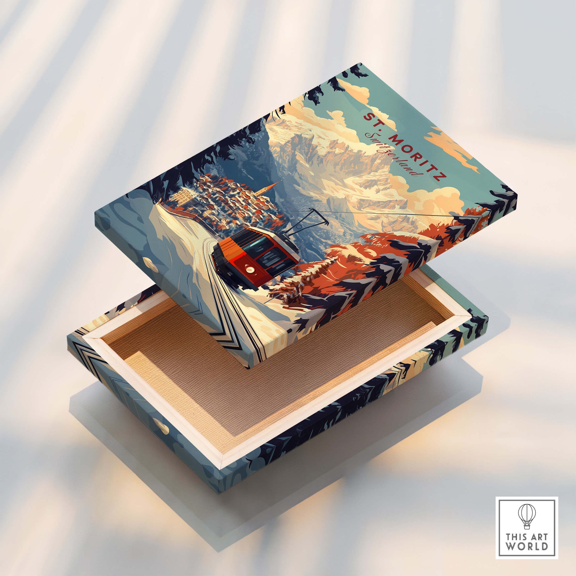 St Moritz Print Switzerland decorative box showcasing Swiss Alps and iconic red train design.