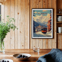 St Moritz Print Switzerland displayed in a cozy wooden room, showcasing Swiss Alps and skiing adventure.