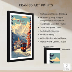 St Moritz Print Switzerland framed art print showcasing the Swiss Alps and vintage ski tramway.