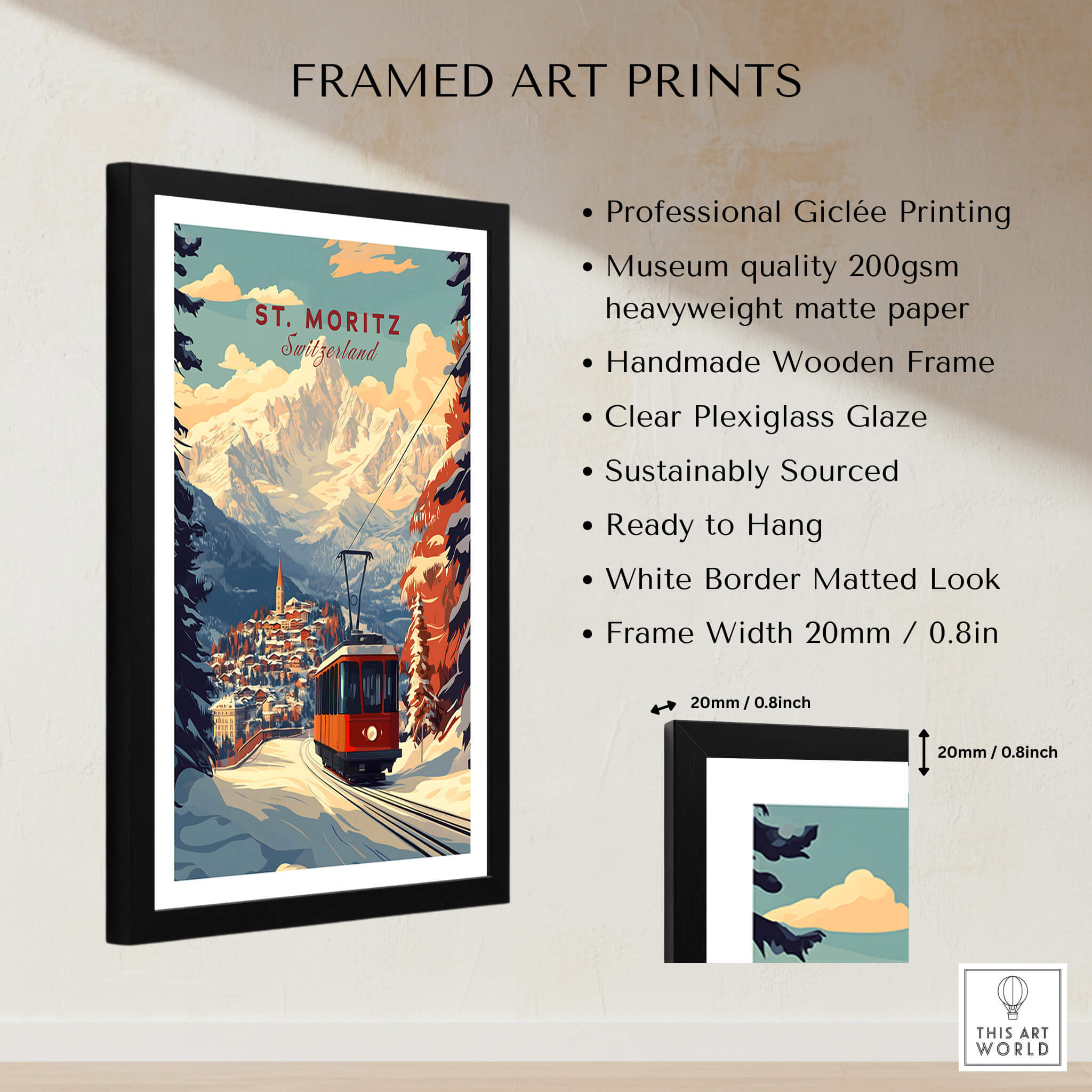 St Moritz Print Switzerland framed art print showcasing the Swiss Alps and vintage ski tramway.