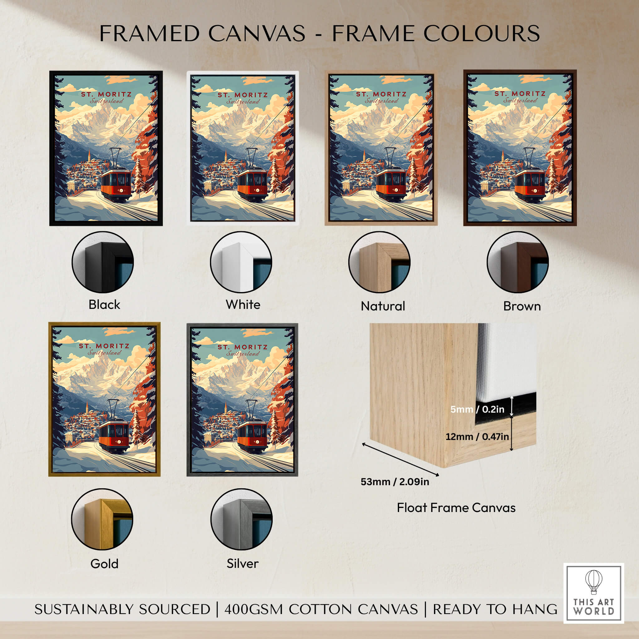 Framed canvas options for St Moritz Print Switzerland, showcasing various frame colors and styles.