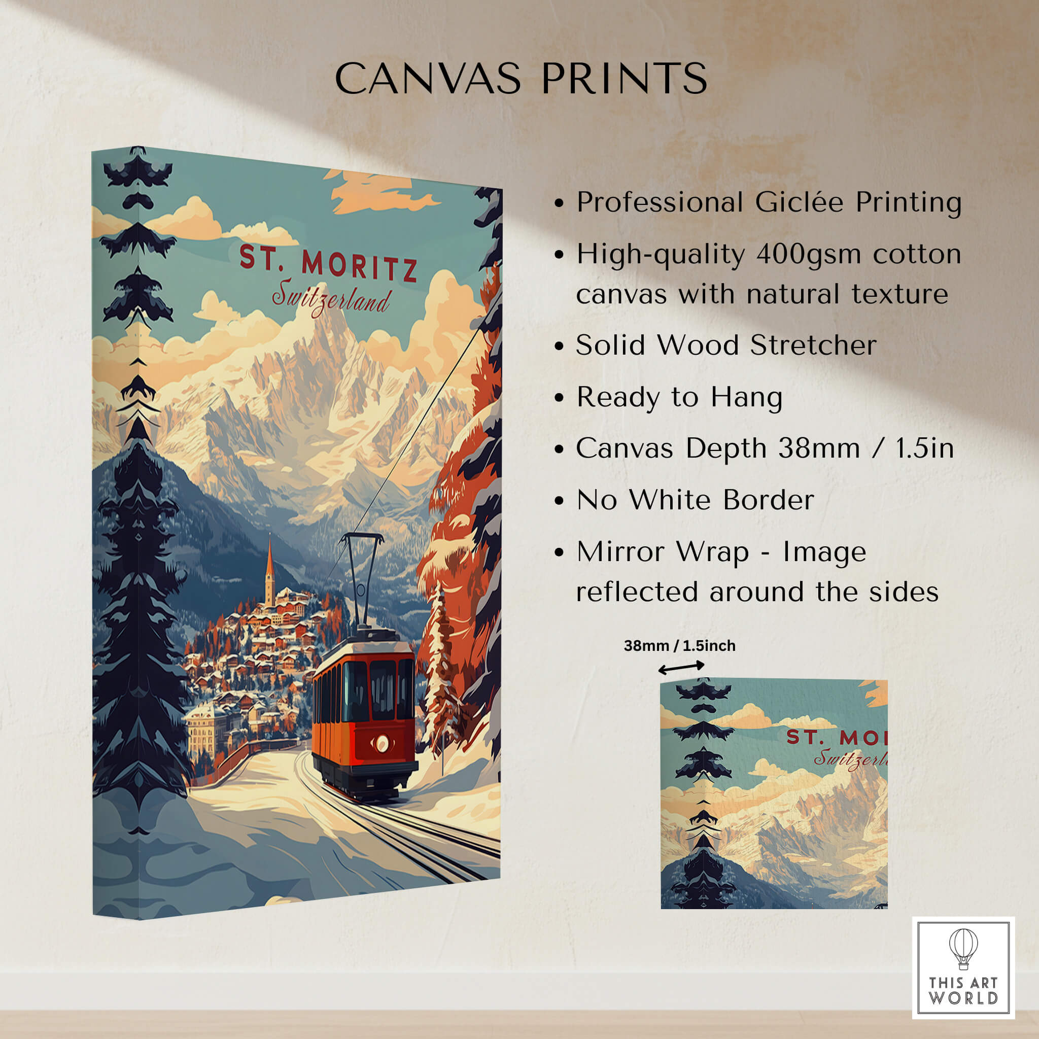 St Moritz Print Switzerland canvas print showcasing the Swiss Alps and vibrant gondola in a beautiful ski setting.