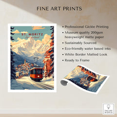 St Moritz Print Switzerland showcasing alpine scenery and a cable car, perfect for home decor and ski enthusiasts.