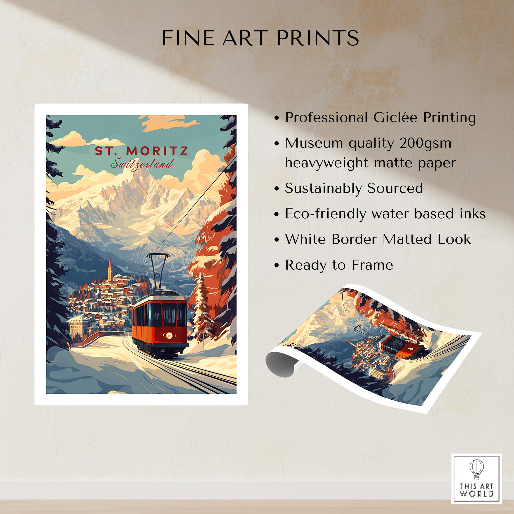 St Moritz Print Switzerland showcasing alpine scenery and a cable car, perfect for home decor and ski enthusiasts.