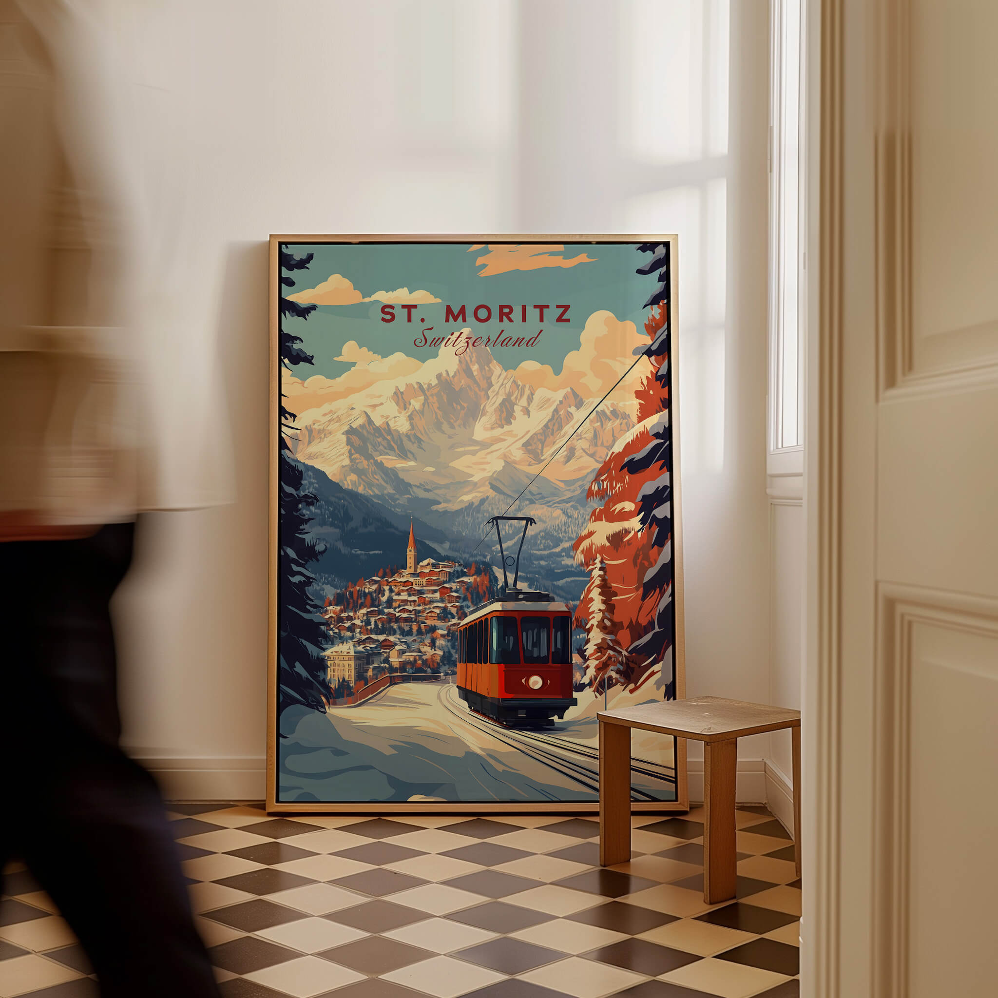 St Moritz Print Switzerland showcasing the Swiss Alps and ski culture in vibrant colors.