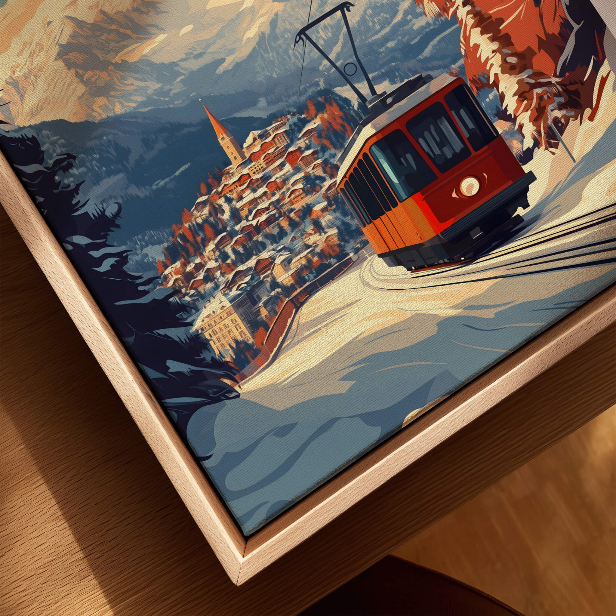 St Moritz Print Switzerland showcasing a scenic train ride through snow-covered landscapes in the Swiss Alps.