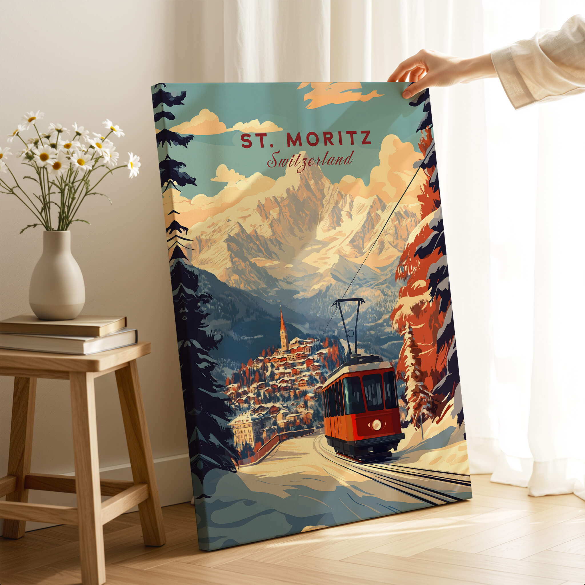 St Moritz Print Switzerland showcasing a vibrant mountain scene with a tram, perfect for ski lovers and home decor.