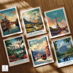 St Moritz Print Switzerland among various travel posters for home decor, showcasing Swiss Alps beauty.