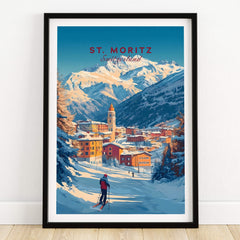 St Moritz Wall Art Ski Print featuring a skier gliding through a snowy mountain landscape with vibrant colors.