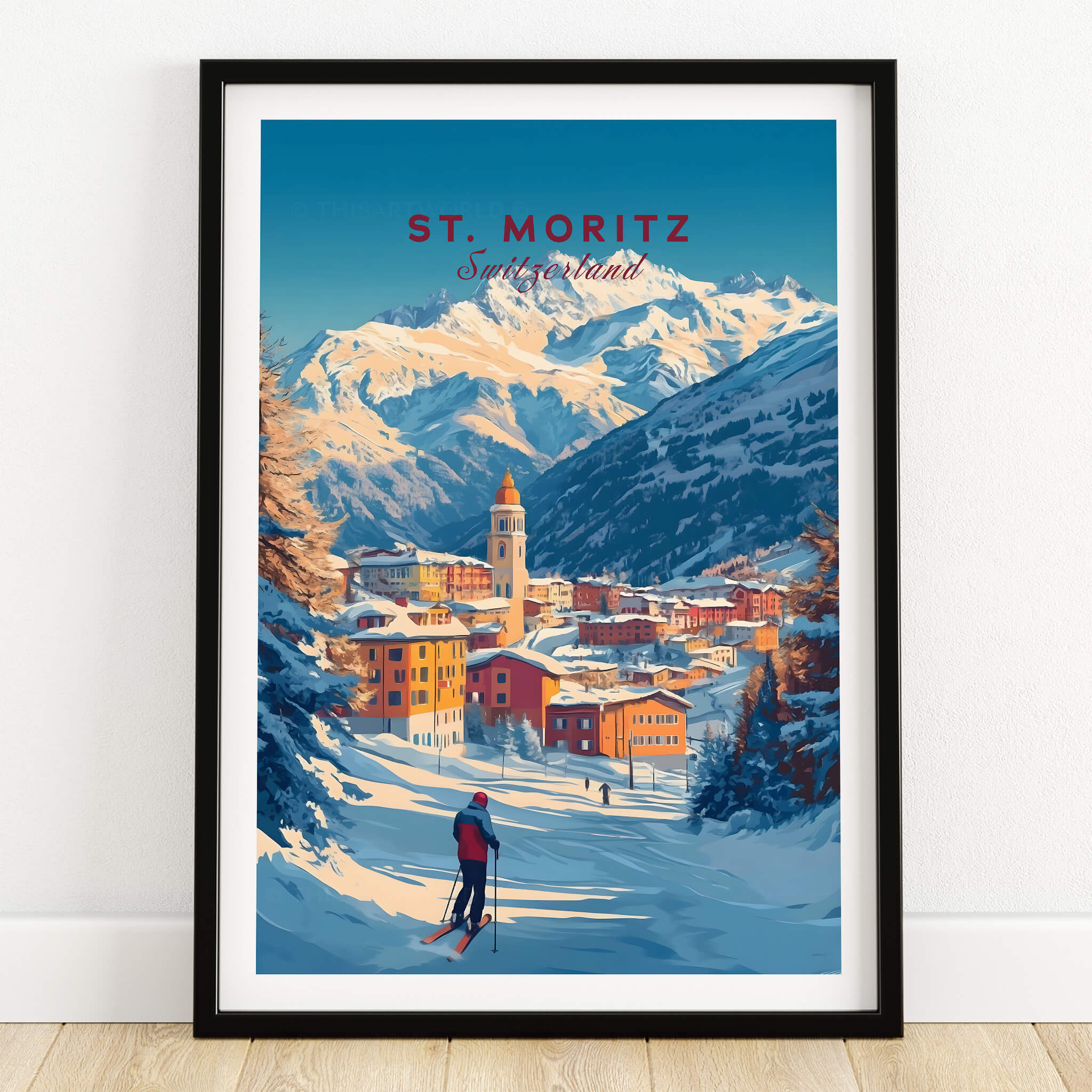 St Moritz Wall Art Ski Print featuring a skier gliding through a snowy mountain landscape with vibrant colors.