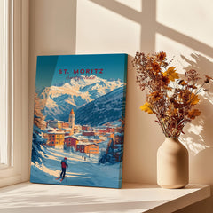 St Moritz Wall Art Ski Print featuring stunning mountain scenery and a skier in the foreground, perfect for ski enthusiasts.