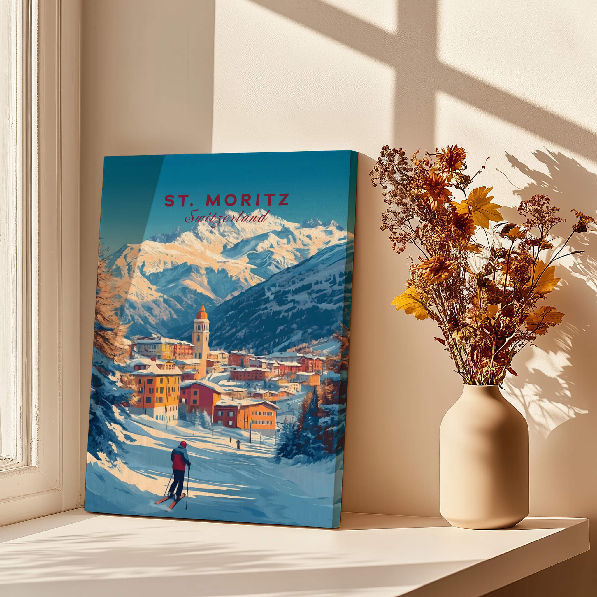 St Moritz Wall Art Ski Print featuring stunning mountain scenery and a skier in the foreground, perfect for ski enthusiasts.