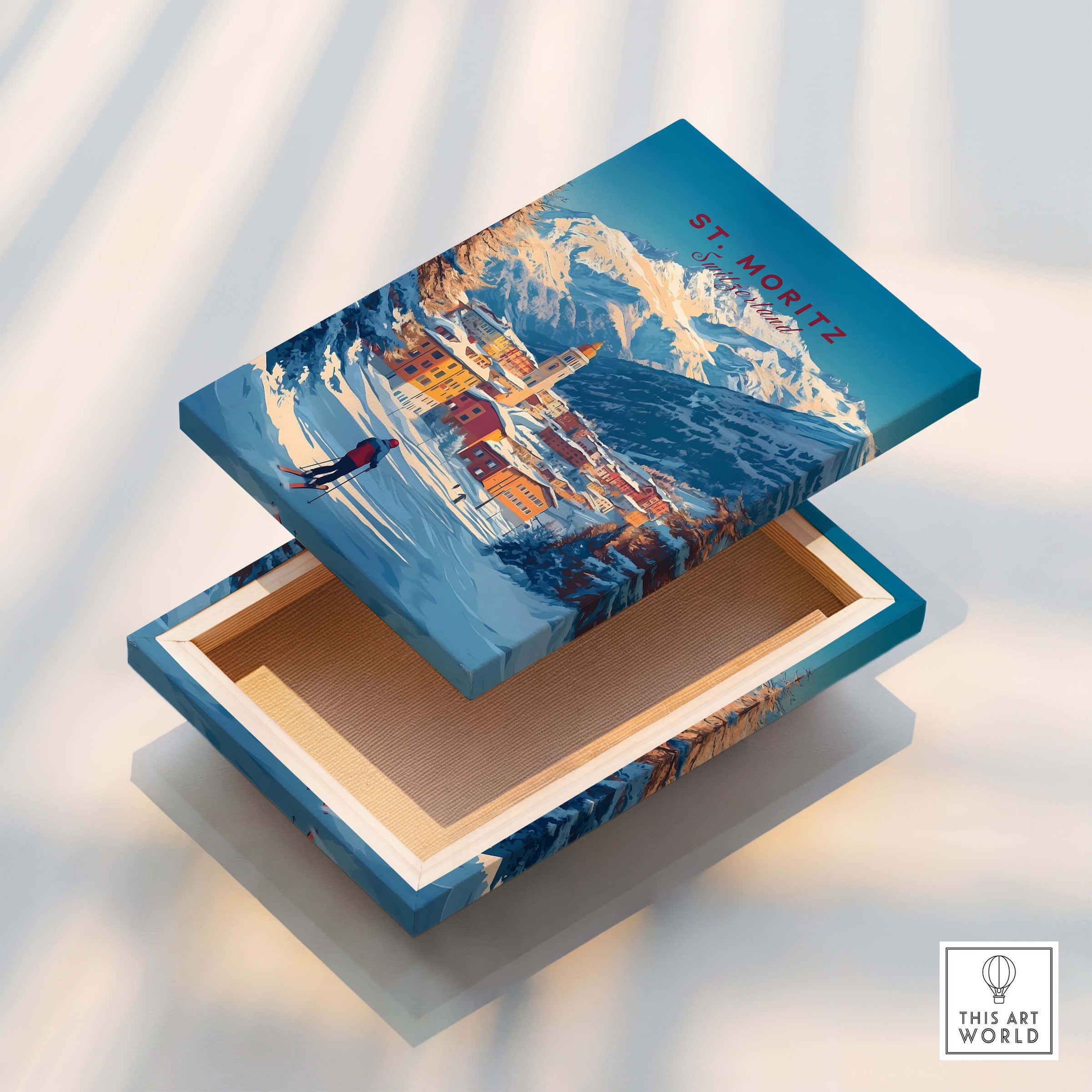 St Moritz Wall Art Ski Print with a scenic mountain landscape and a skier on a decorative box design.