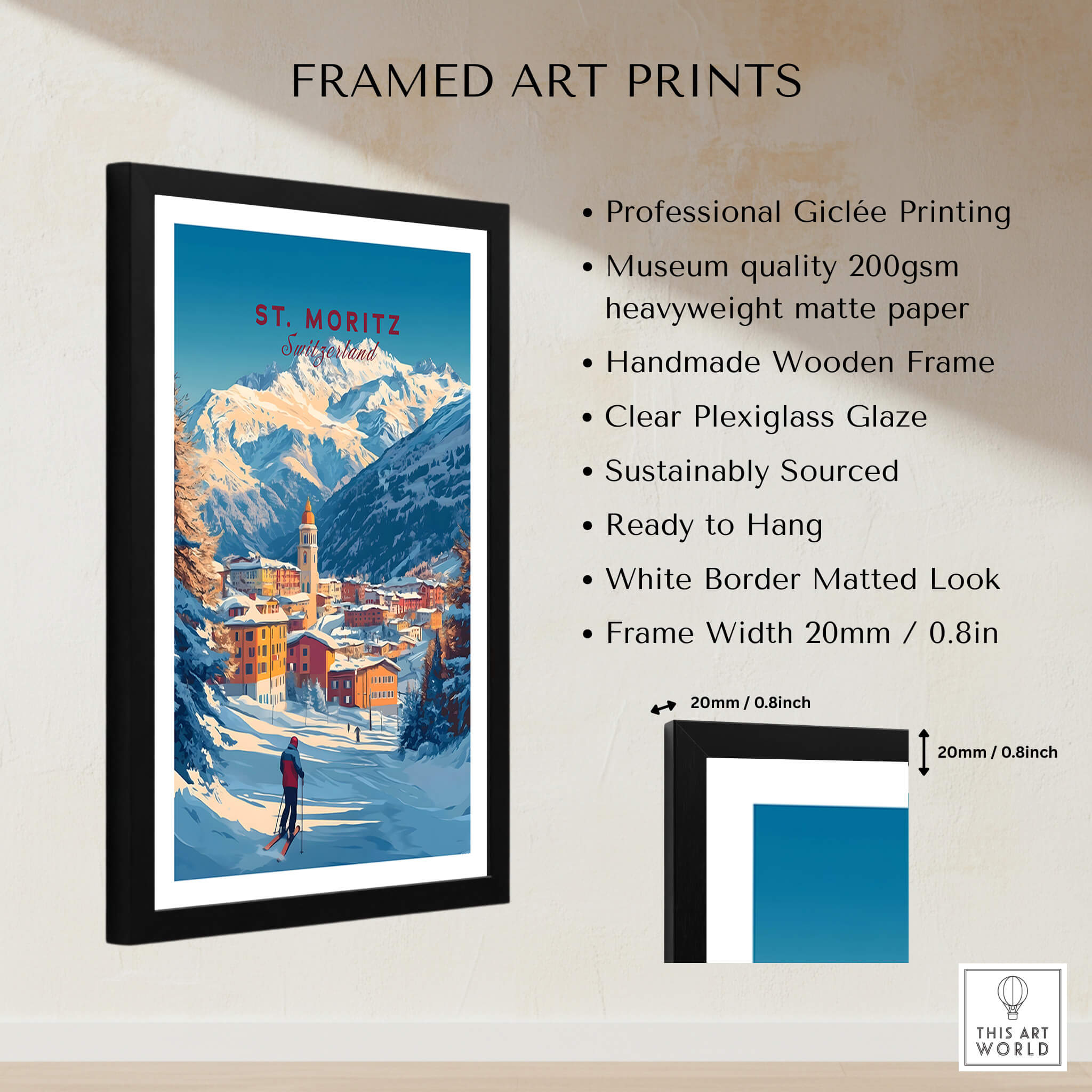 St Moritz Wall Art Ski Print featuring a mountain view and ski enthusiast, perfect for decorating your home.