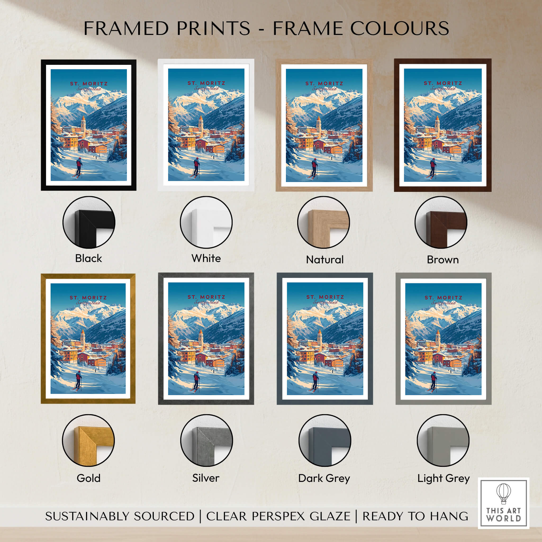 St Moritz Wall Art Ski Print framed prints in various frame colors including Black, White, Natural, Brown, Gold, Silver, Dark Grey, and Light Grey.