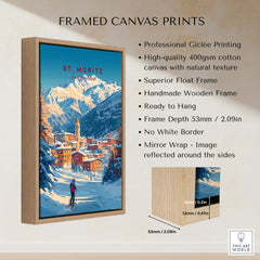 St Moritz Wall Art Ski Print featuring a framed canvas design with professional Giclée printing and mountain scenery.