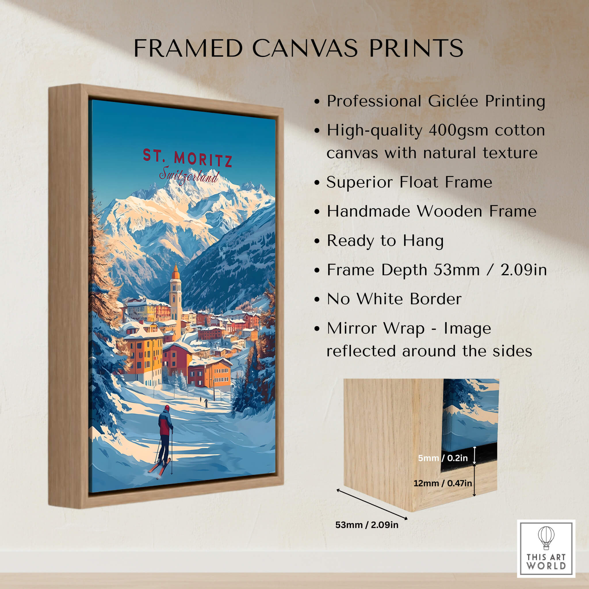 St Moritz Wall Art Ski Print featuring a framed canvas design with professional Giclée printing and mountain scenery.