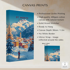 St Moritz Wall Art Ski Print showcasing a scenic snowy mountain view and skiing in St. Moritz.