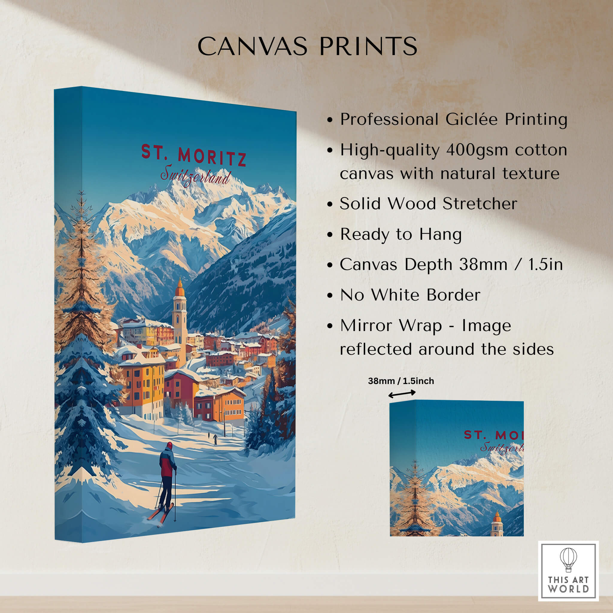 St Moritz Wall Art Ski Print showcasing a scenic snowy mountain view and skiing in St. Moritz.