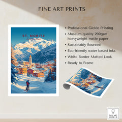 St Moritz Wall Art Ski Print featuring a scenic mountain view and skier, professionally printed on heavyweight matte paper.