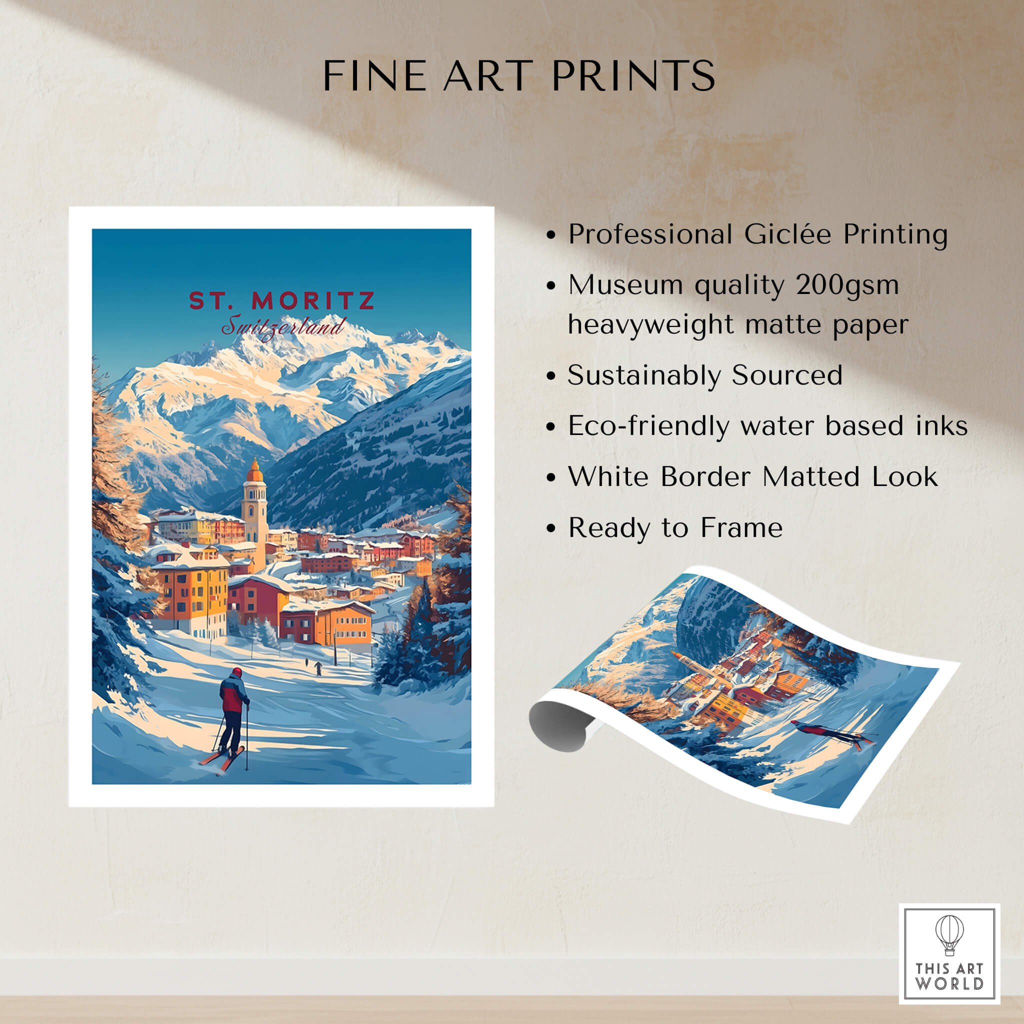 St Moritz Wall Art Ski Print featuring a scenic mountain view and skier, professionally printed on heavyweight matte paper.