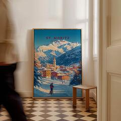 St Moritz Wall Art Ski Print featuring a skier in a picturesque mountain landscape.