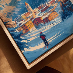 St Moritz Wall Art Ski Print showcasing a skier on snow-covered slopes with picturesque mountain views.