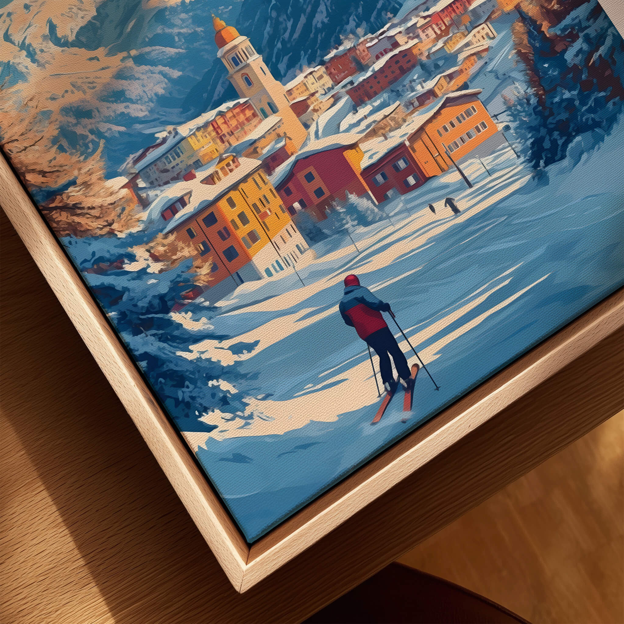 St Moritz Wall Art Ski Print showcasing a skier on snow-covered slopes with picturesque mountain views.