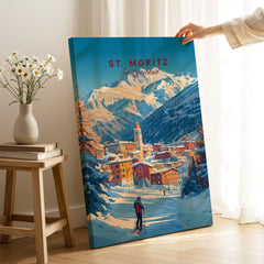 St Moritz Wall Art Ski Print featuring a scenic mountain view with a skier in winter landscape.