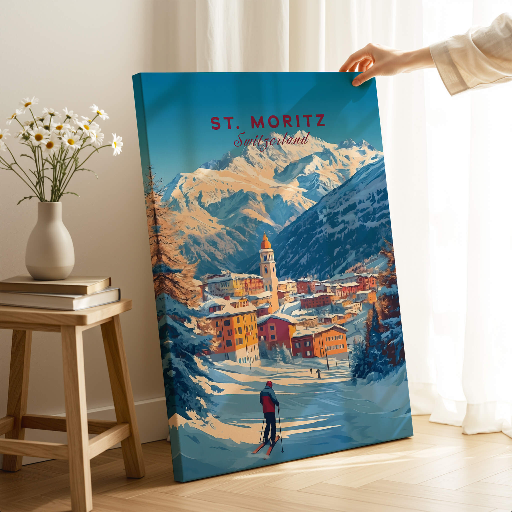 St Moritz Wall Art Ski Print featuring a scenic mountain view with a skier in winter landscape.