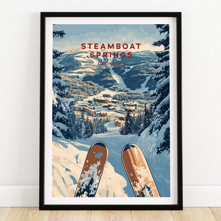 Steamboat Springs Travel Poster - Colorado featuring snowy mountains and ski prints in a vibrant design.