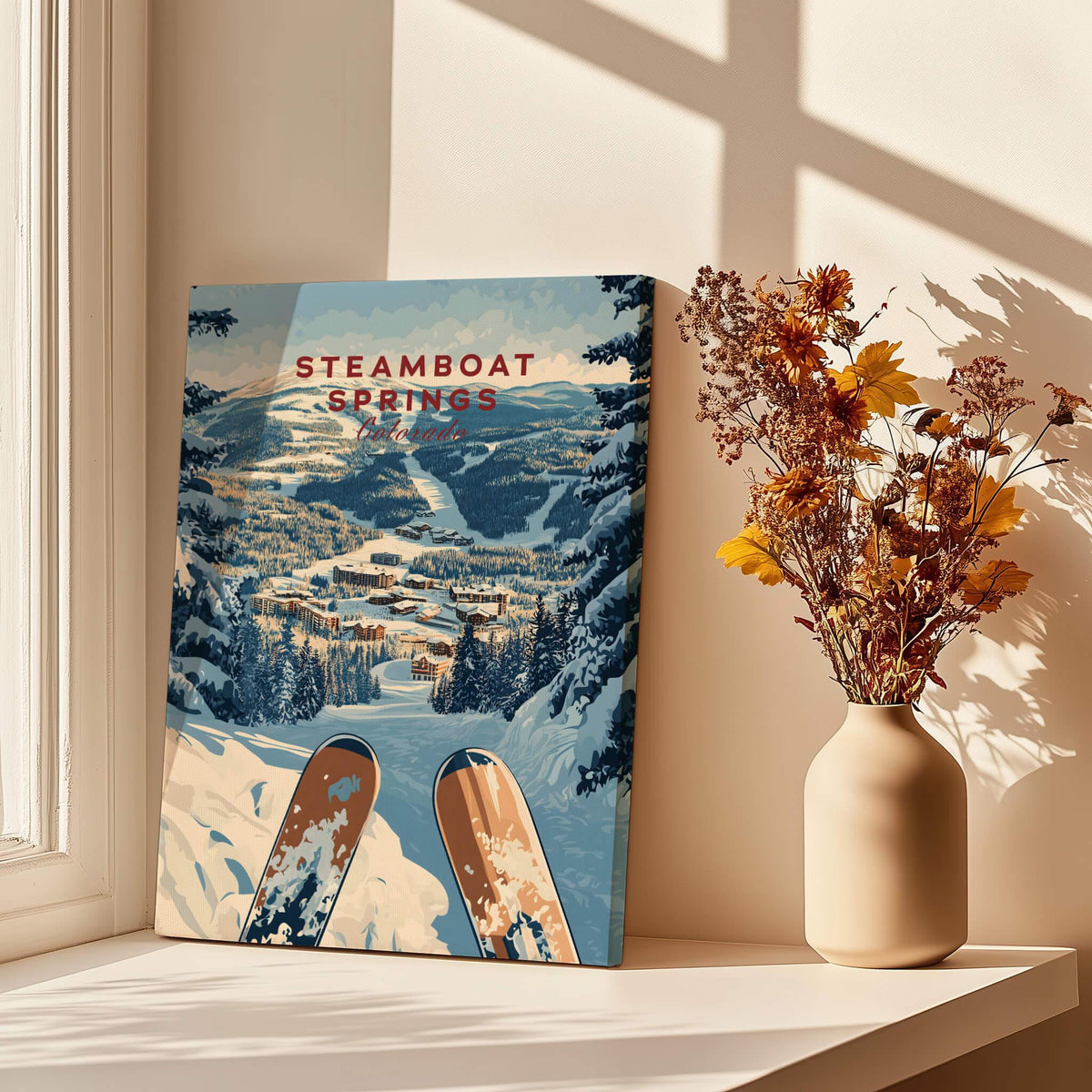 Steamboat Springs Travel Poster - Colorado featuring vibrant ski print and stunning snowy mountain views.