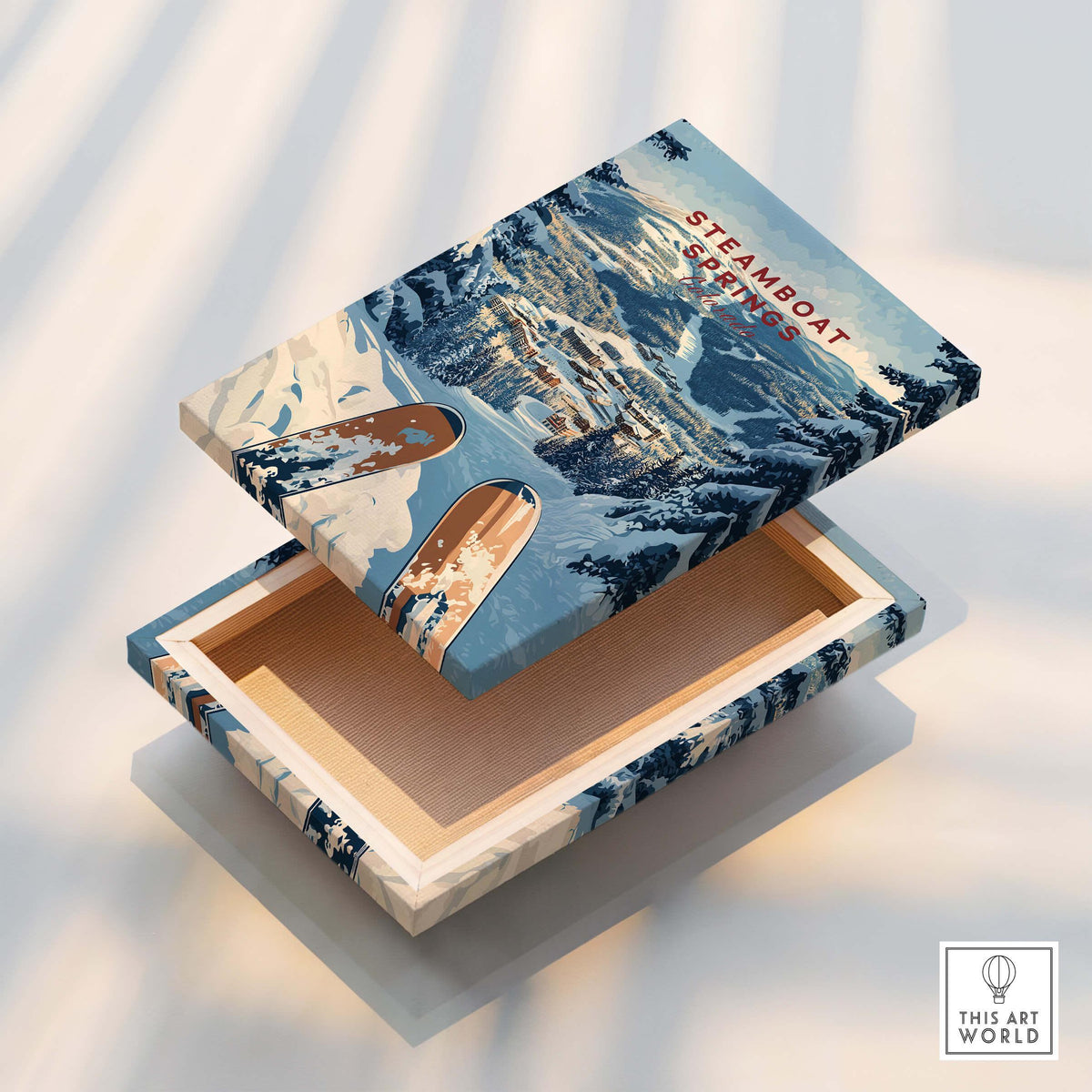 Steamboat Springs Travel Poster - Colorado art box featuring snowy peaks and ski prints.